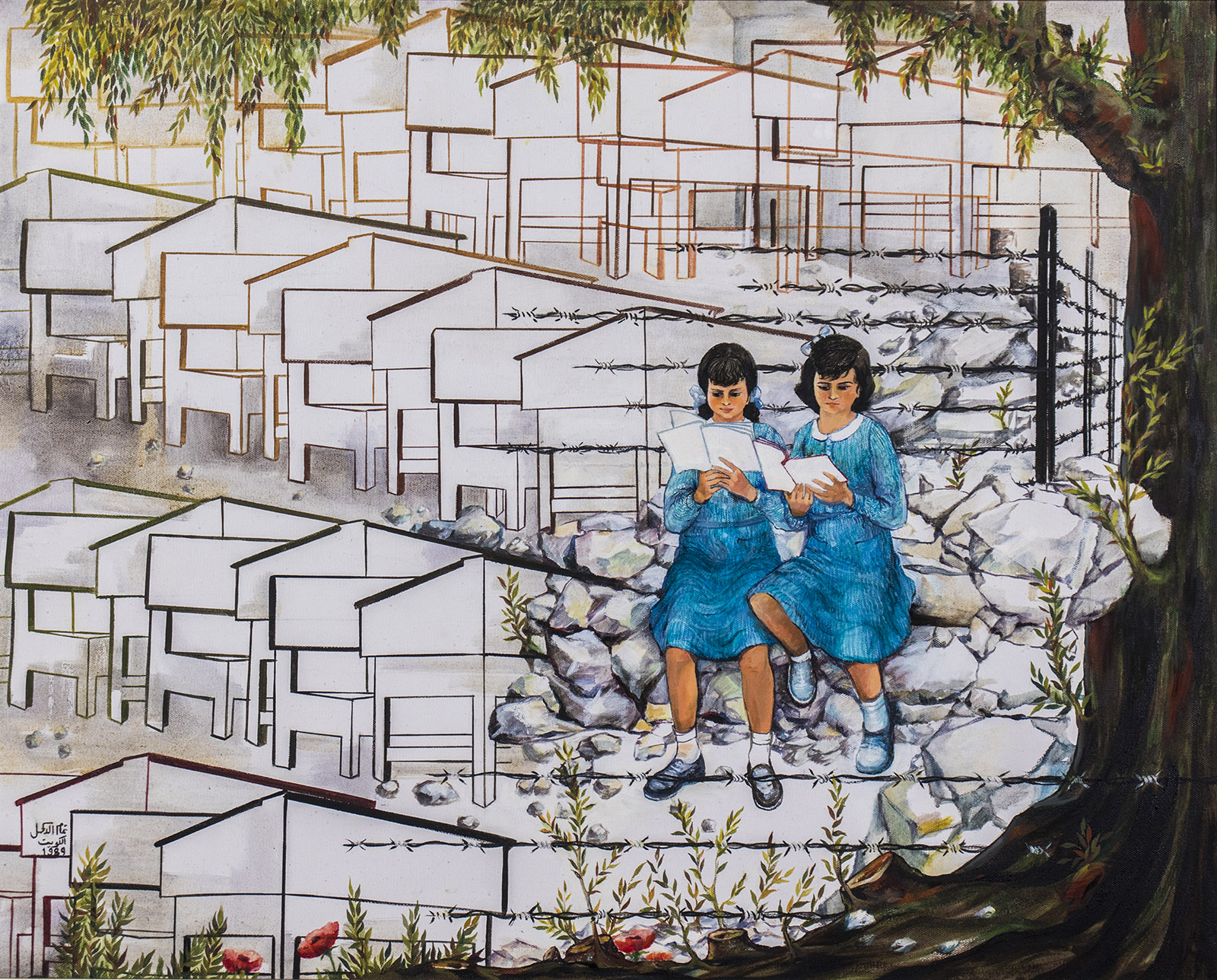 A drawing of two girls in blue dresses sitting on rocks amongst a landscape of barbed wire and modernist housing. They are reading books.